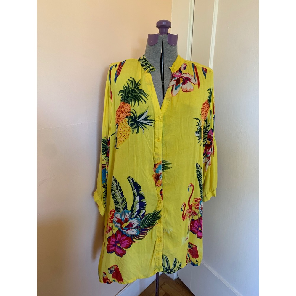 Palak Tropical Pineapple Flamingo Parrot Yellow Button Front Tunic Top Brazil